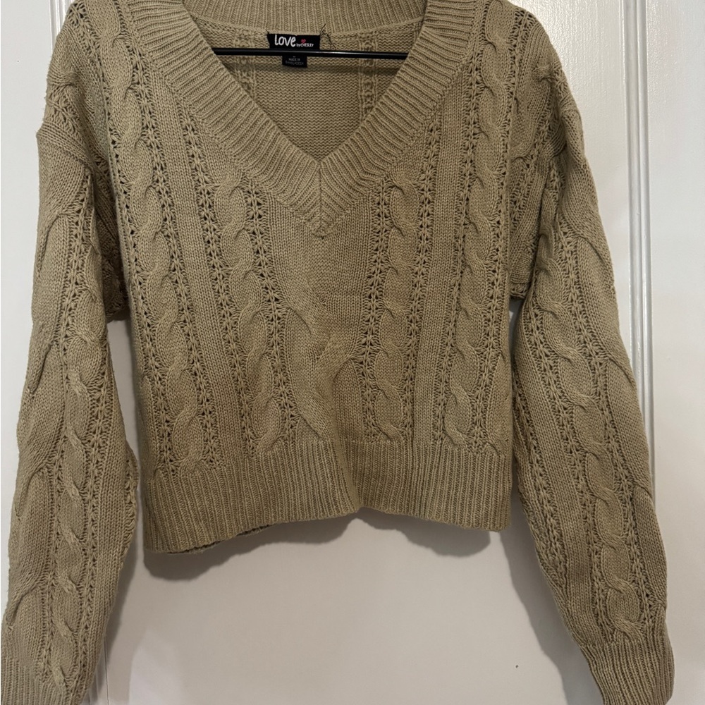 Cropped Cable Knit V-Neck Sweater - Taupe Beige